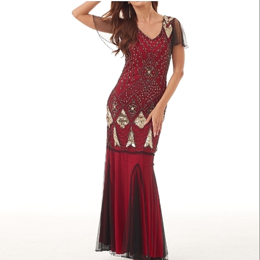 JDLSPPL Women's Red&Black Gatsby Evening Dress Sequin Maxi Flutter Sleeve Gown S